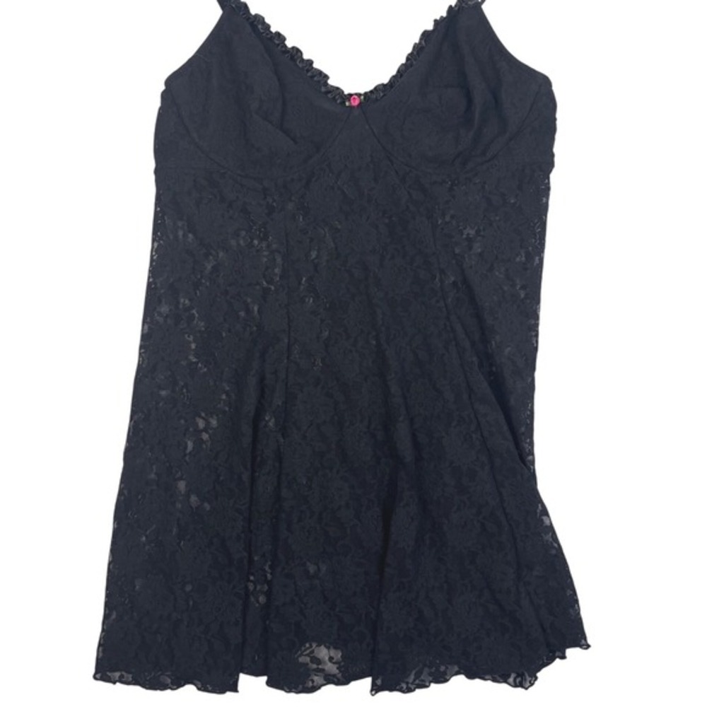 Vintage Black Lace Babydoll Chemise Slip Dress‎ Ruffle Trim Rose Detail Size 2X